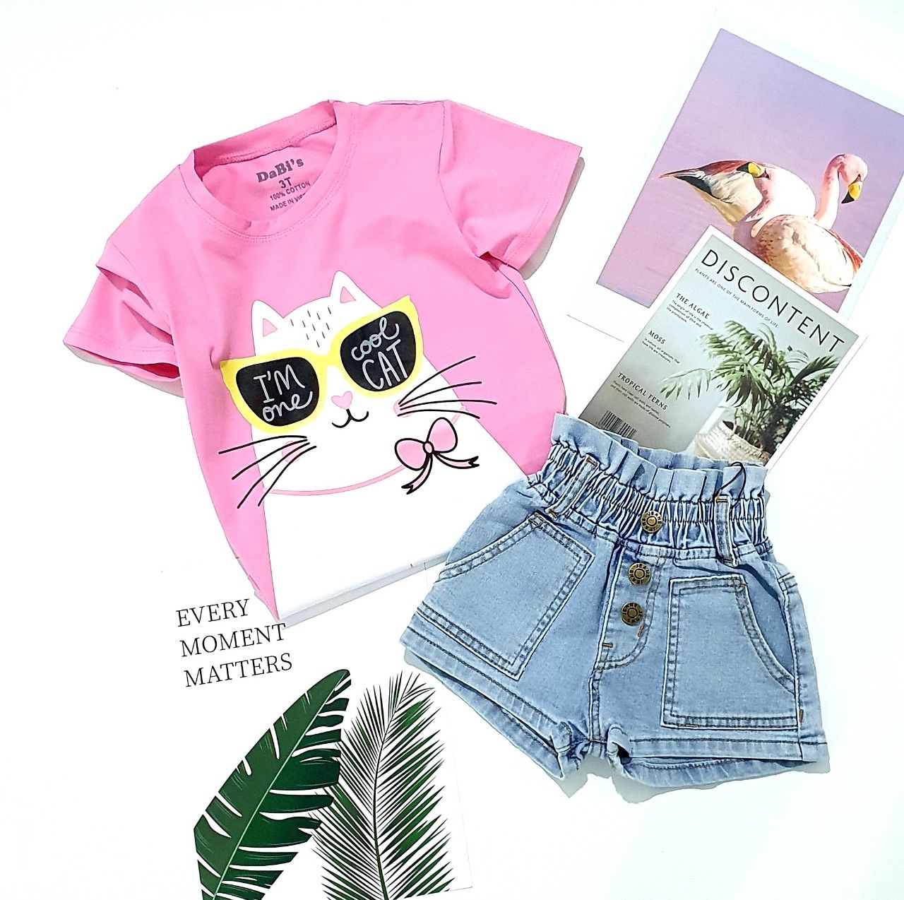 Set áo mèo jean short bé gái