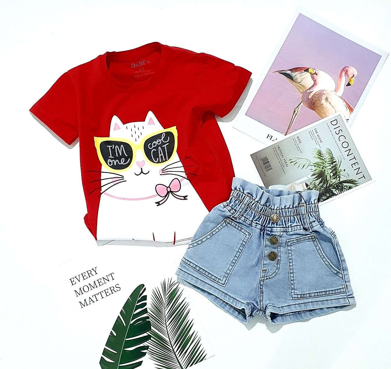 Set áo mèo jean short bé gái