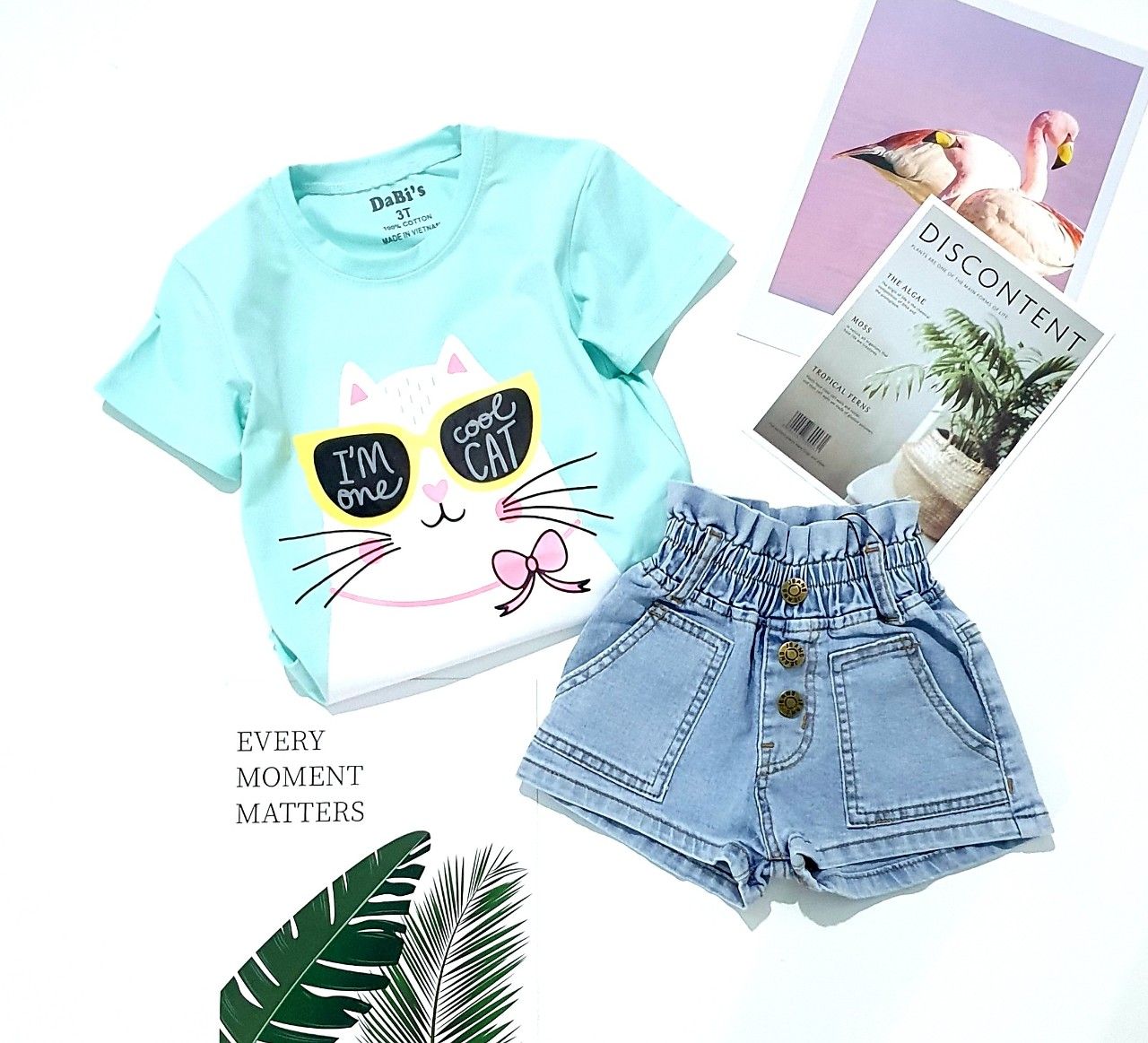 Set áo mèo jean short bé gái