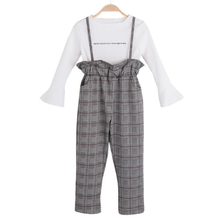 Set yếm caro áo dài tay bé gái
