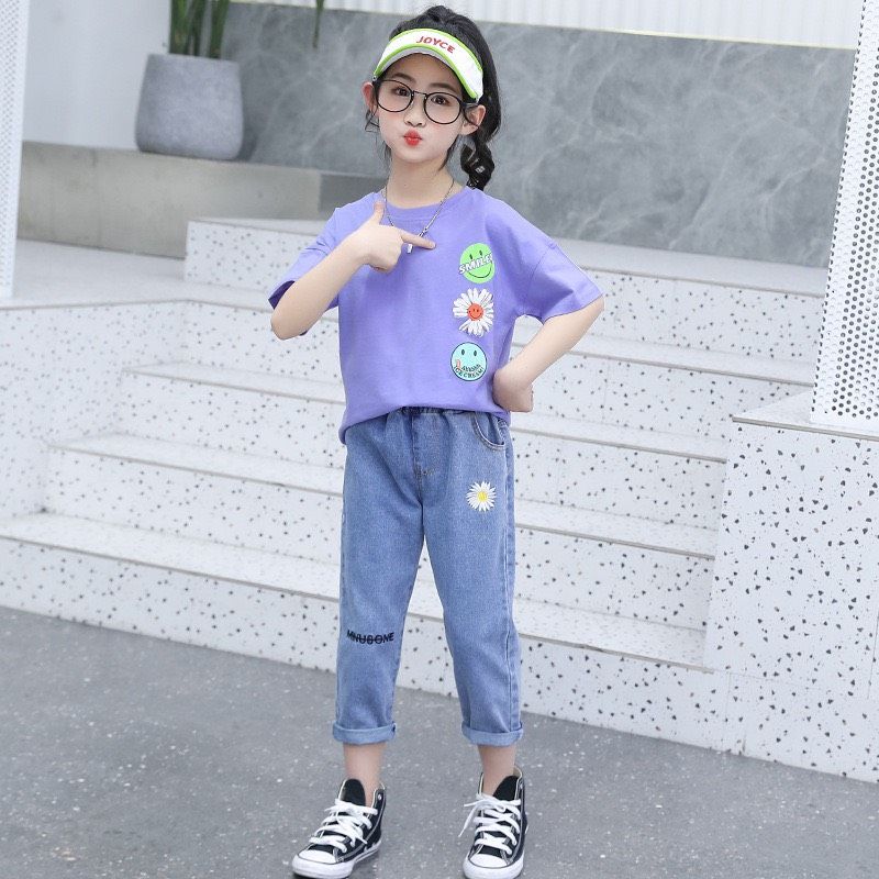 Set jean lửng bông cúc bé gái