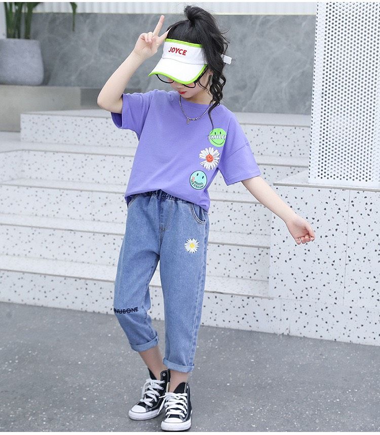 Set jean lửng bông cúc bé gái