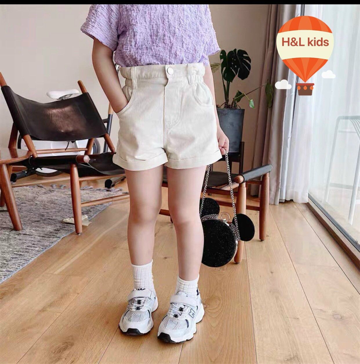 Quần jean short cạp cao bé gái