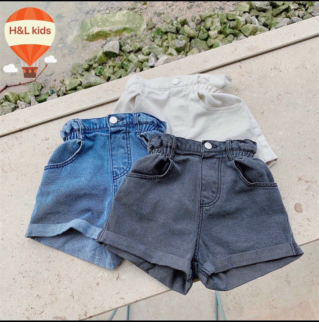 Quần jean short cạp cao bé gái