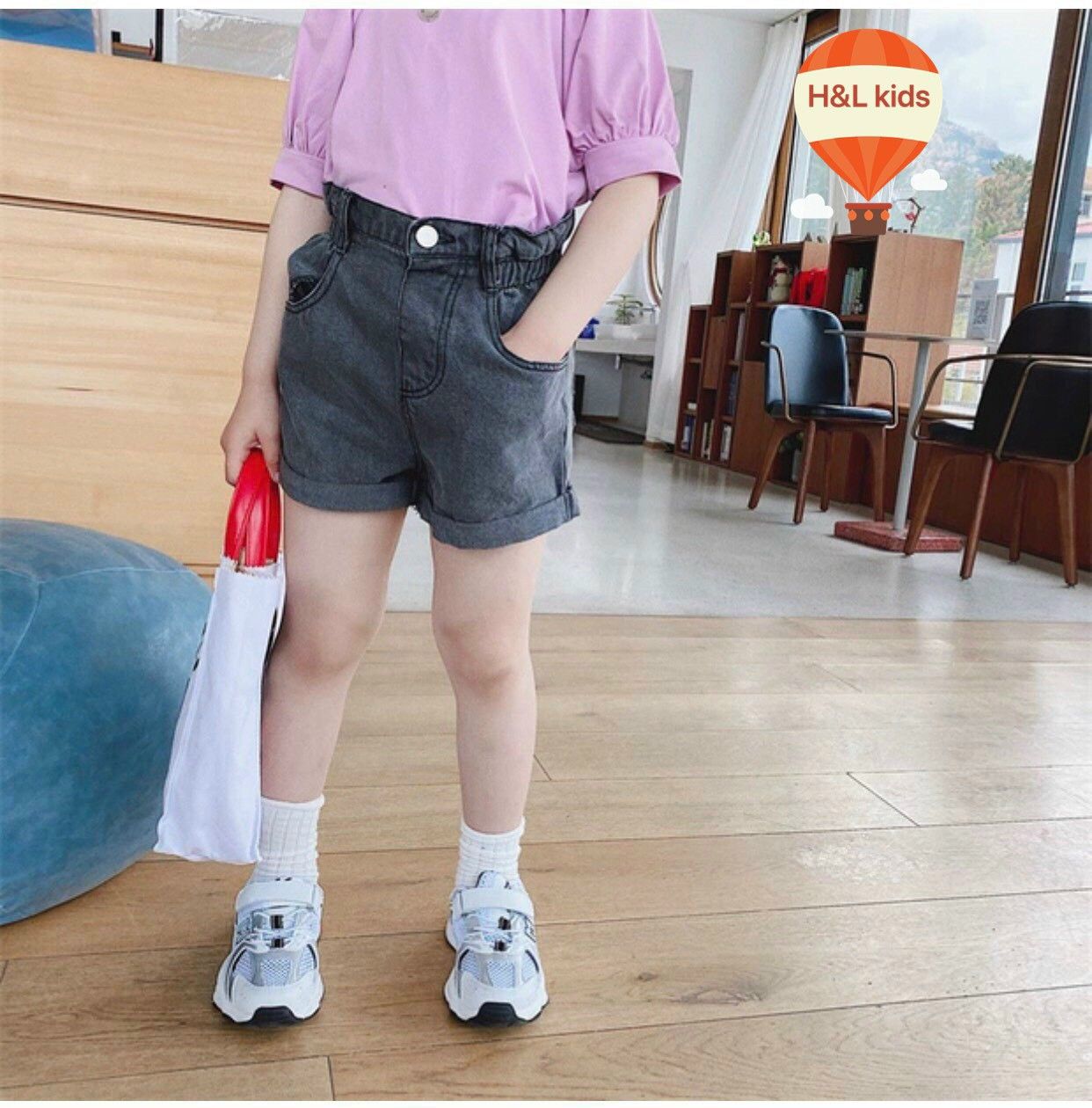 Quần jean short cạp cao bé gái