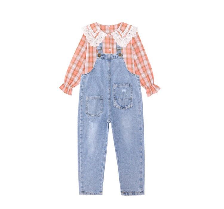 Set yếm jean sơ mi sọc cam