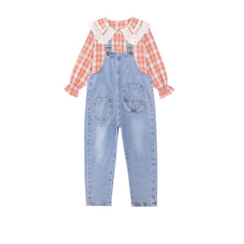 Set yếm jean sơ mi sọc cam