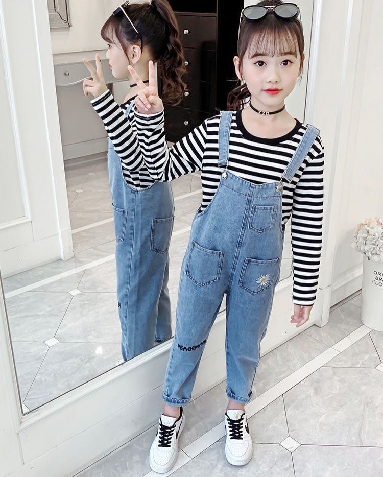 Set yếm jean quần dài hoa cúc