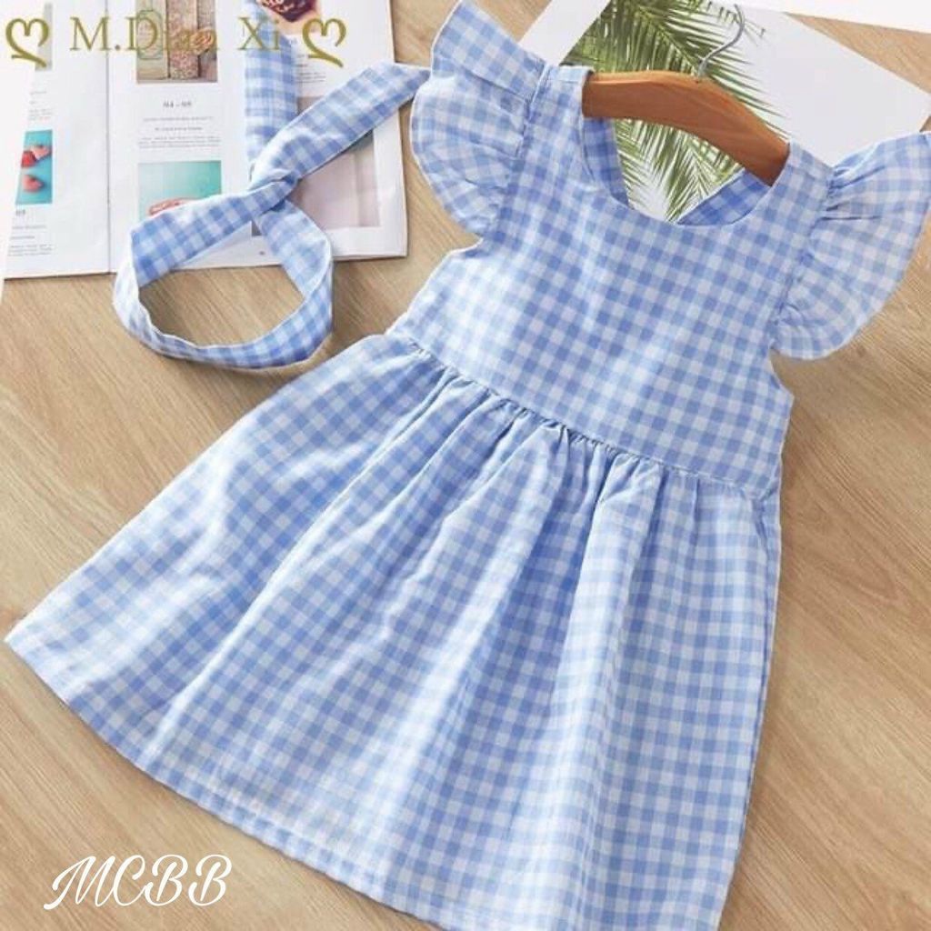 Đầm caro phối băng đô xinh xắn