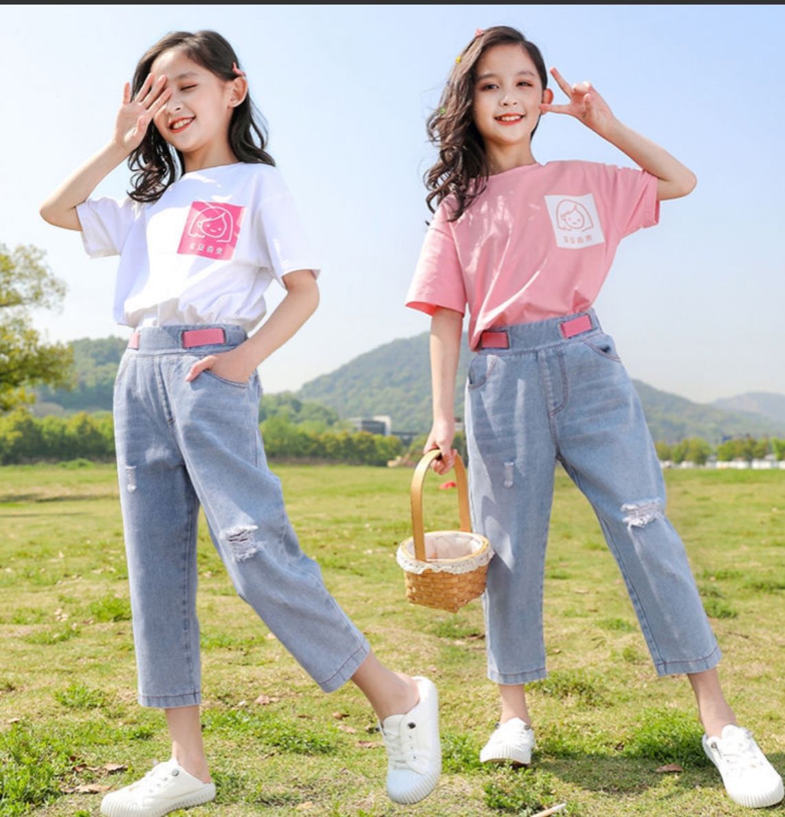 Set jean chữ bé gái