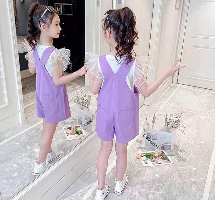 Set yếm kaki phối áo tay cánh tiên