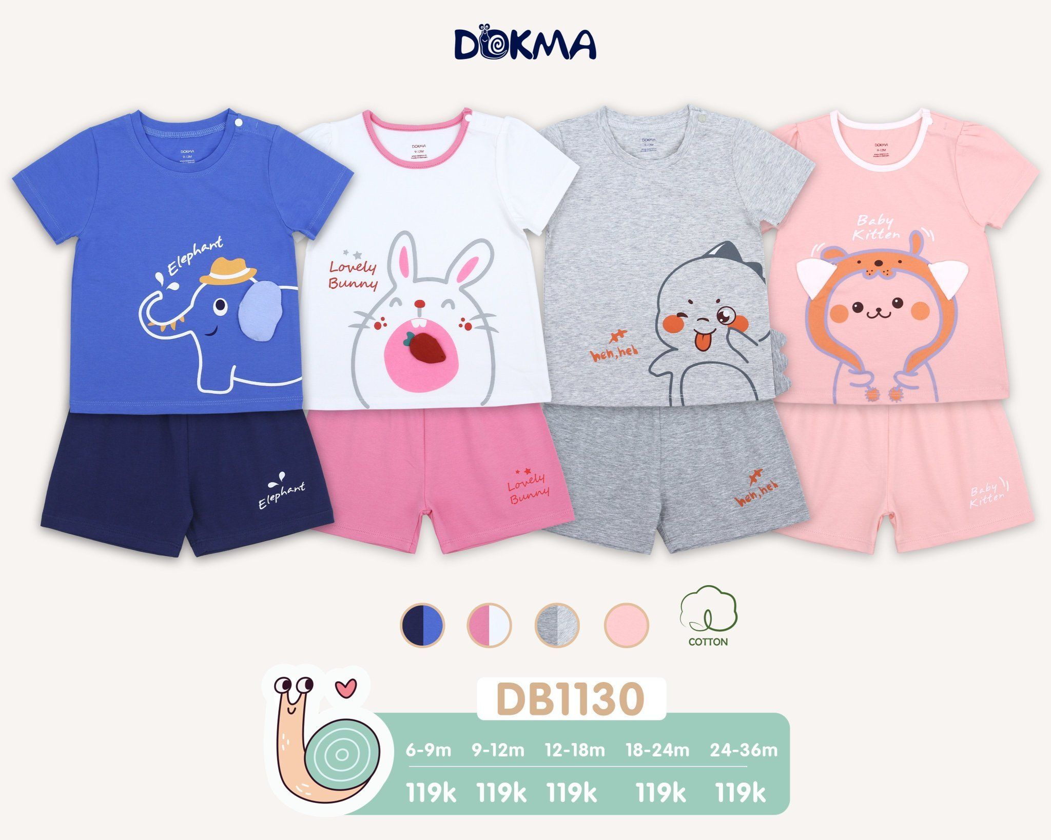 DB1130 - Bộ thun ngắn bé trai và bé gái 9-36M