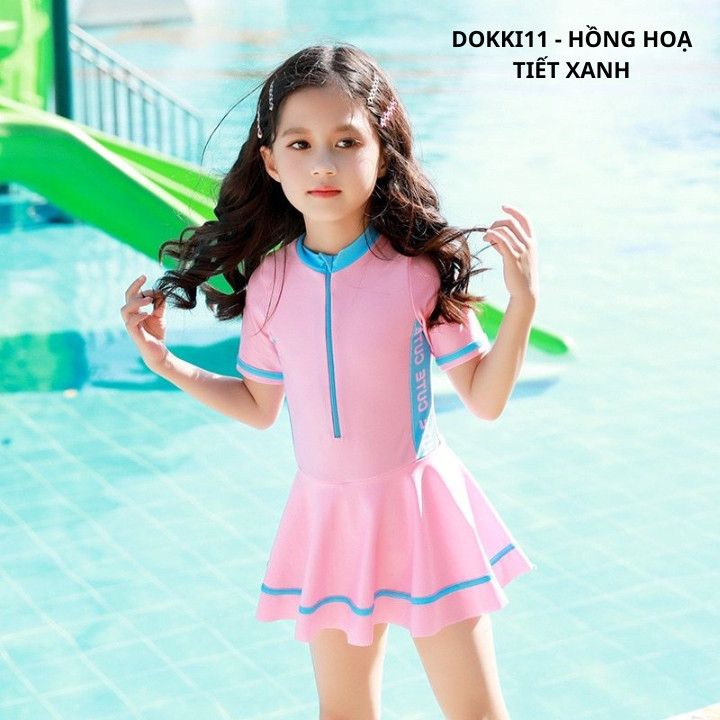 BB14 _ Đồ bơi bé gái liền thân dáng váy màu hồng dễ thương _ Beekids
