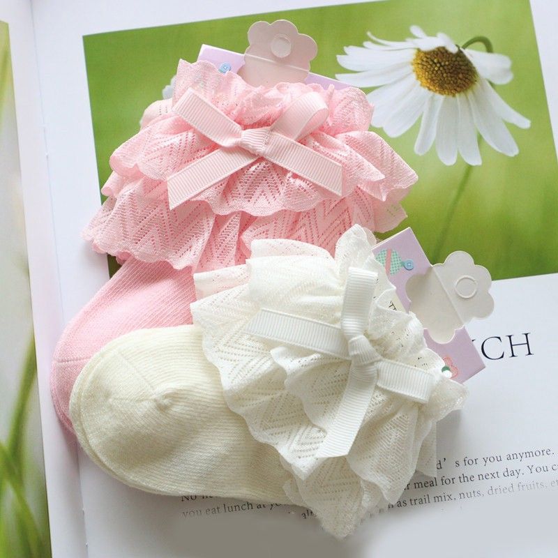 Set 2 đôi vớ công chúa bé gái từ 0-12 tháng phối nơ ren xinh xắn