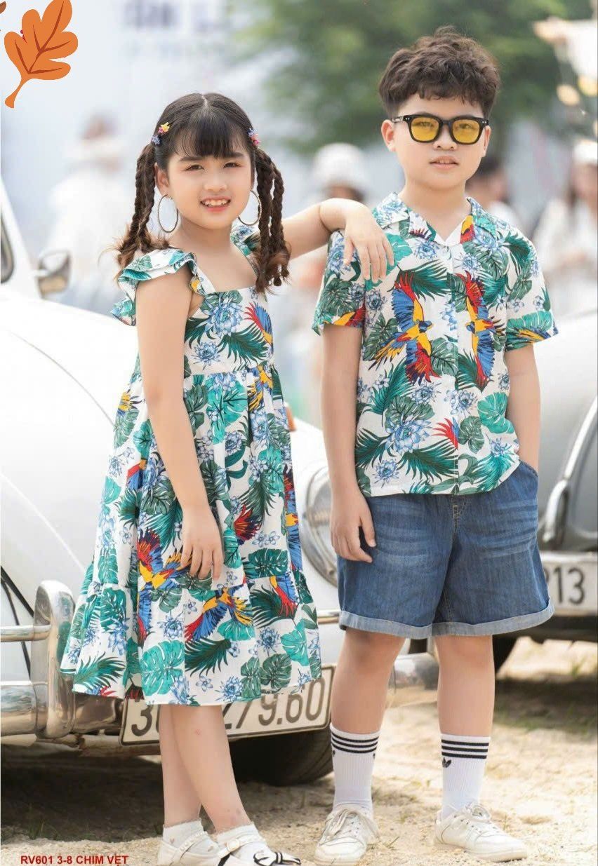 Đầm hè bé gái họa tiết lá cây chất đũi tơ mềm mát D22 _ Beekids