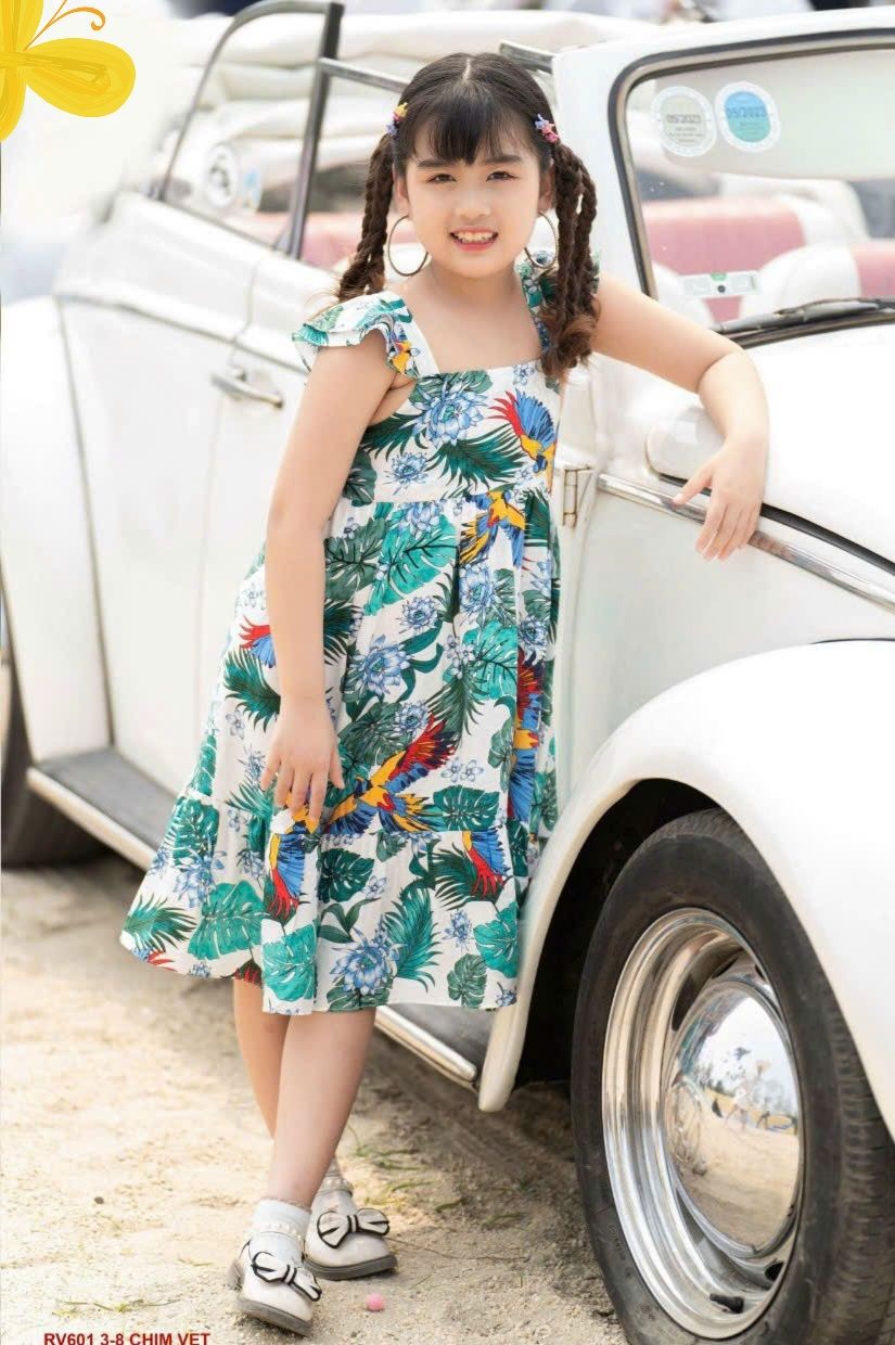Đầm hè bé gái họa tiết lá cây chất đũi tơ mềm mát D22 _ Beekids