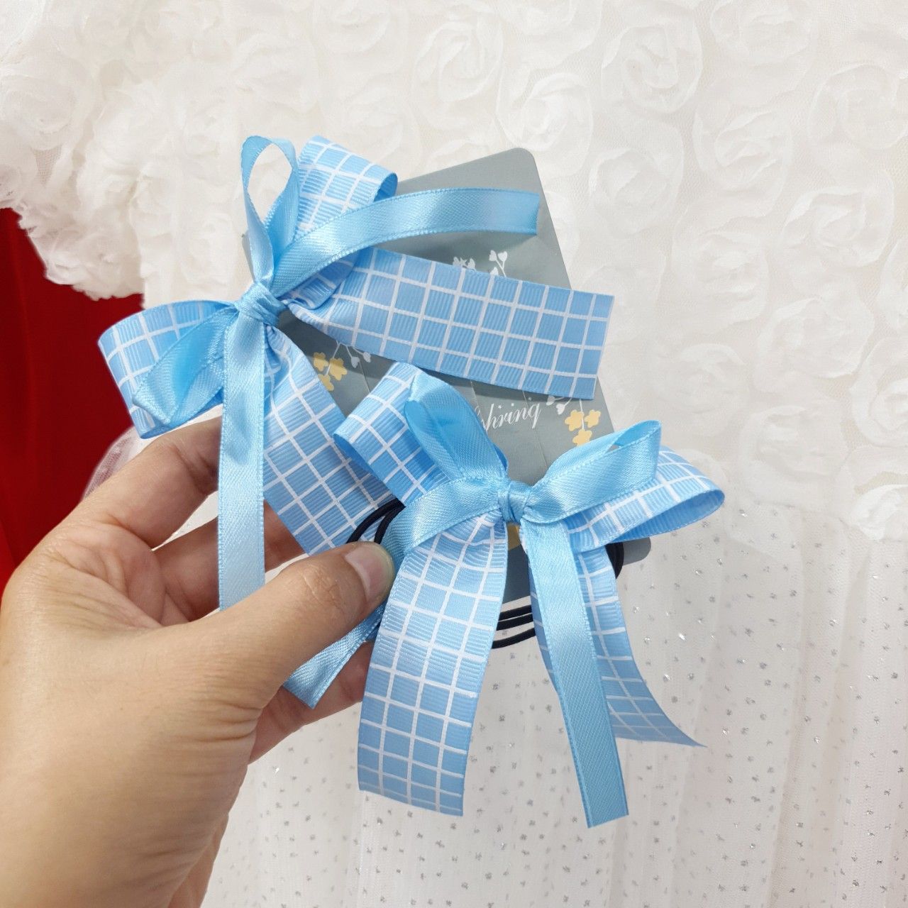 Set 2 kẹp tóc, 2 cột tóc nơ ruy băng gân kẻ ô vuông