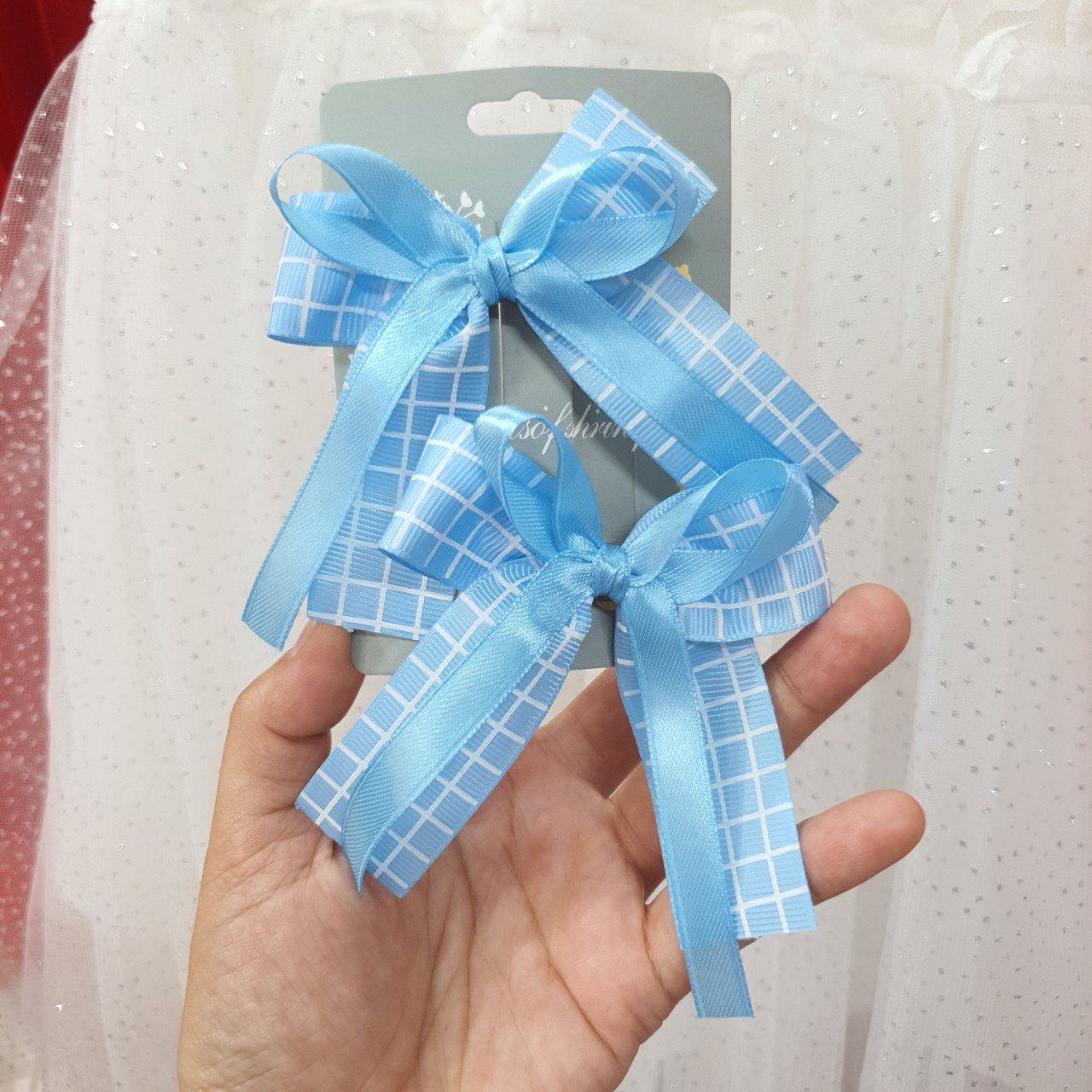 Set 2 kẹp tóc, 2 cột tóc nơ ruy băng gân kẻ ô vuông