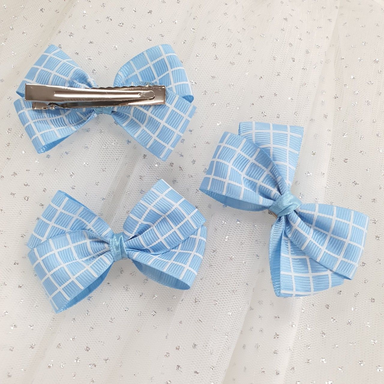 Set 2 kẹp tóc, 2 cột tóc nơ ruy băng gân kẻ ô vuông