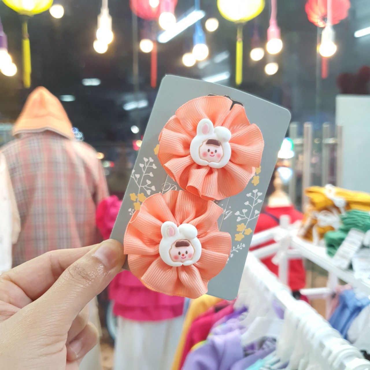 Set 2 kẹp tóc nơ ruy băng gân màu cam nhẹ nhàng cho bé gái