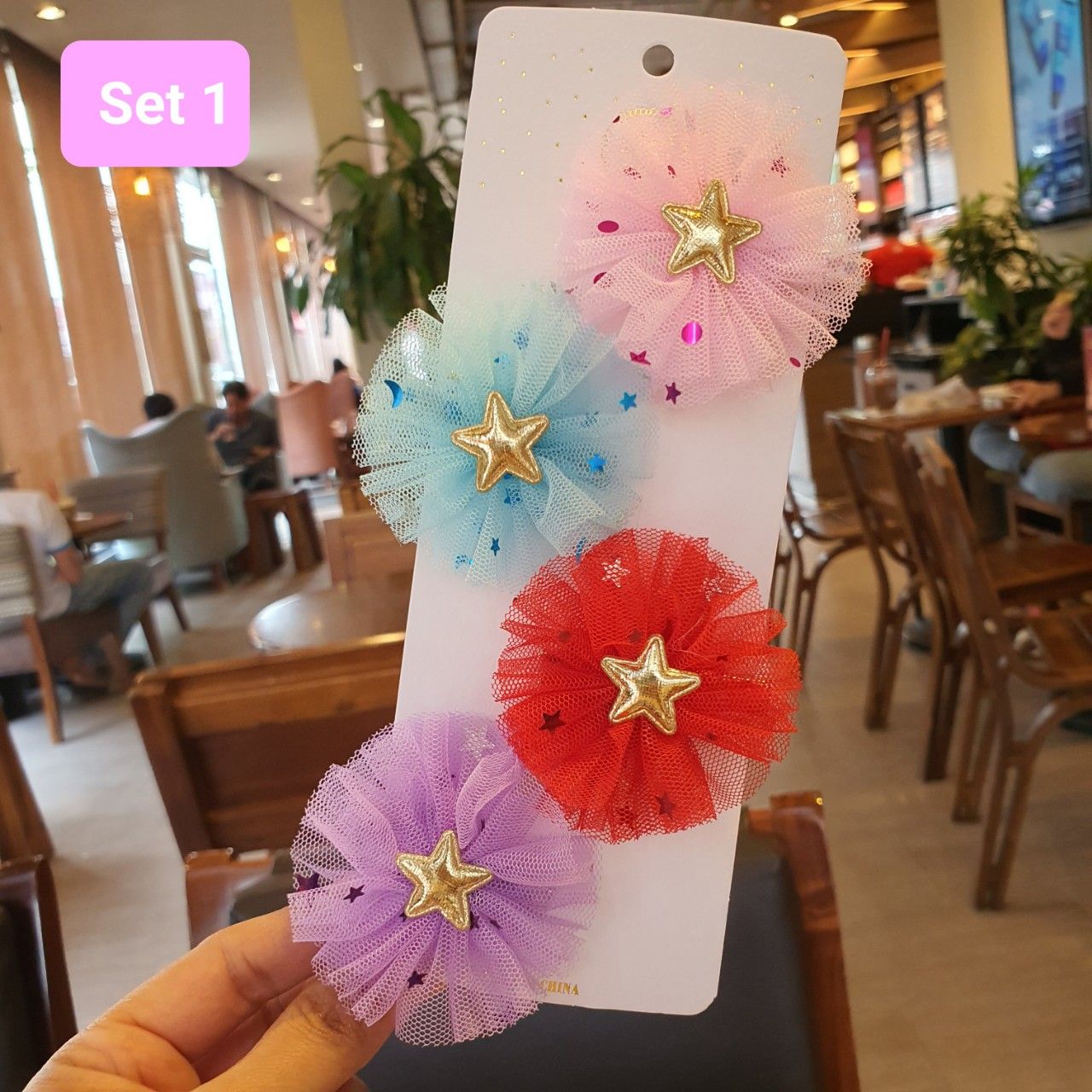 Set 4 kẹp tóc nơ lưới ngôi sao xinh xắn cho bé gái