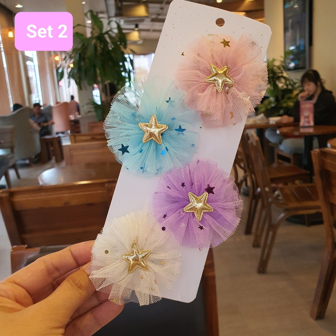 Set 4 kẹp tóc nơ lưới ngôi sao xinh xắn cho bé gái