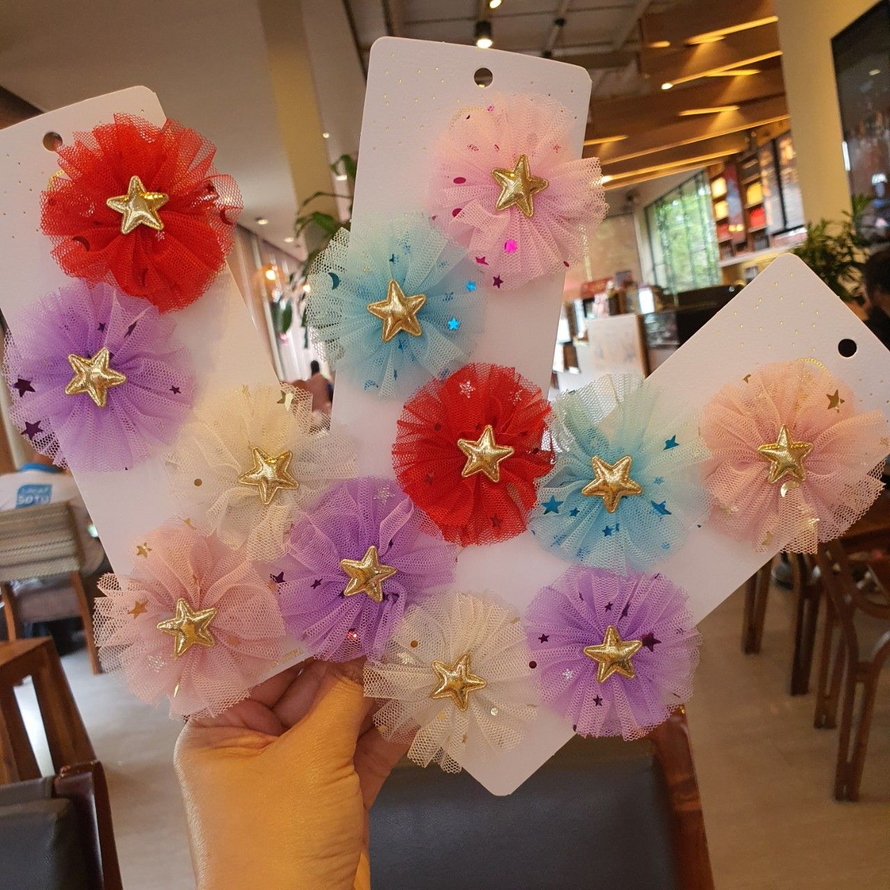 Set 4 kẹp tóc nơ lưới ngôi sao xinh xắn cho bé gái