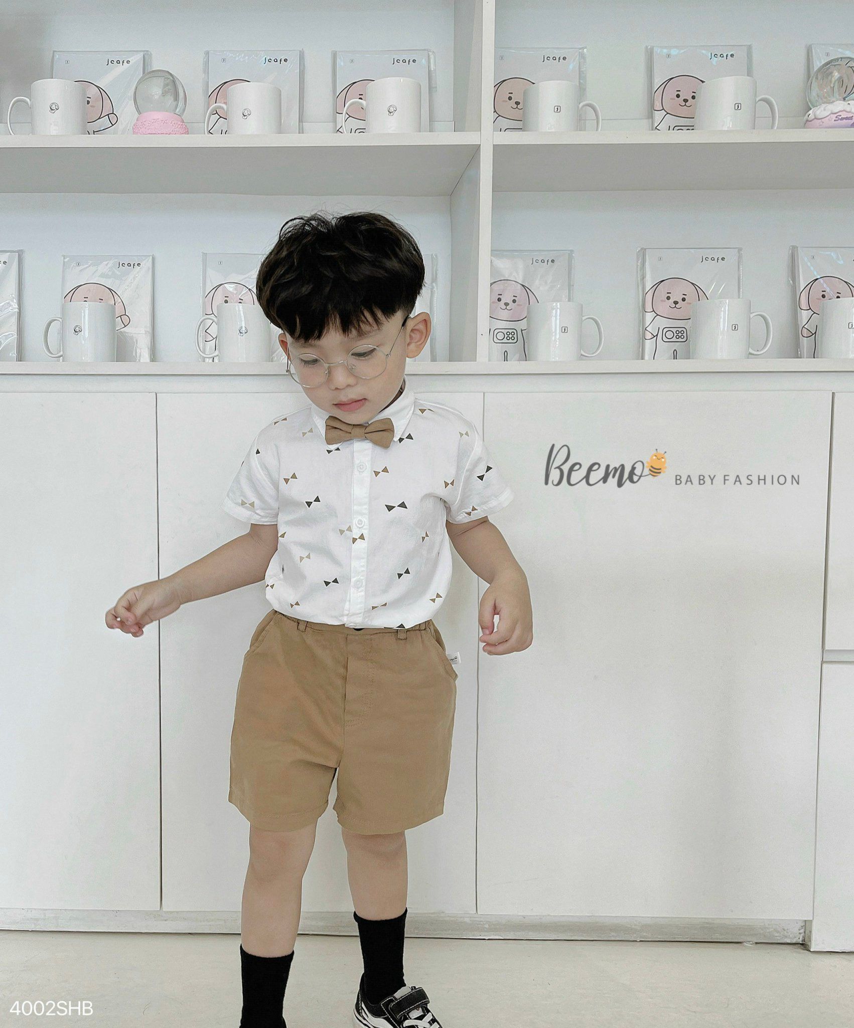 Set áo sơ mi kèm nơ phối quần kaki short cho bé trai