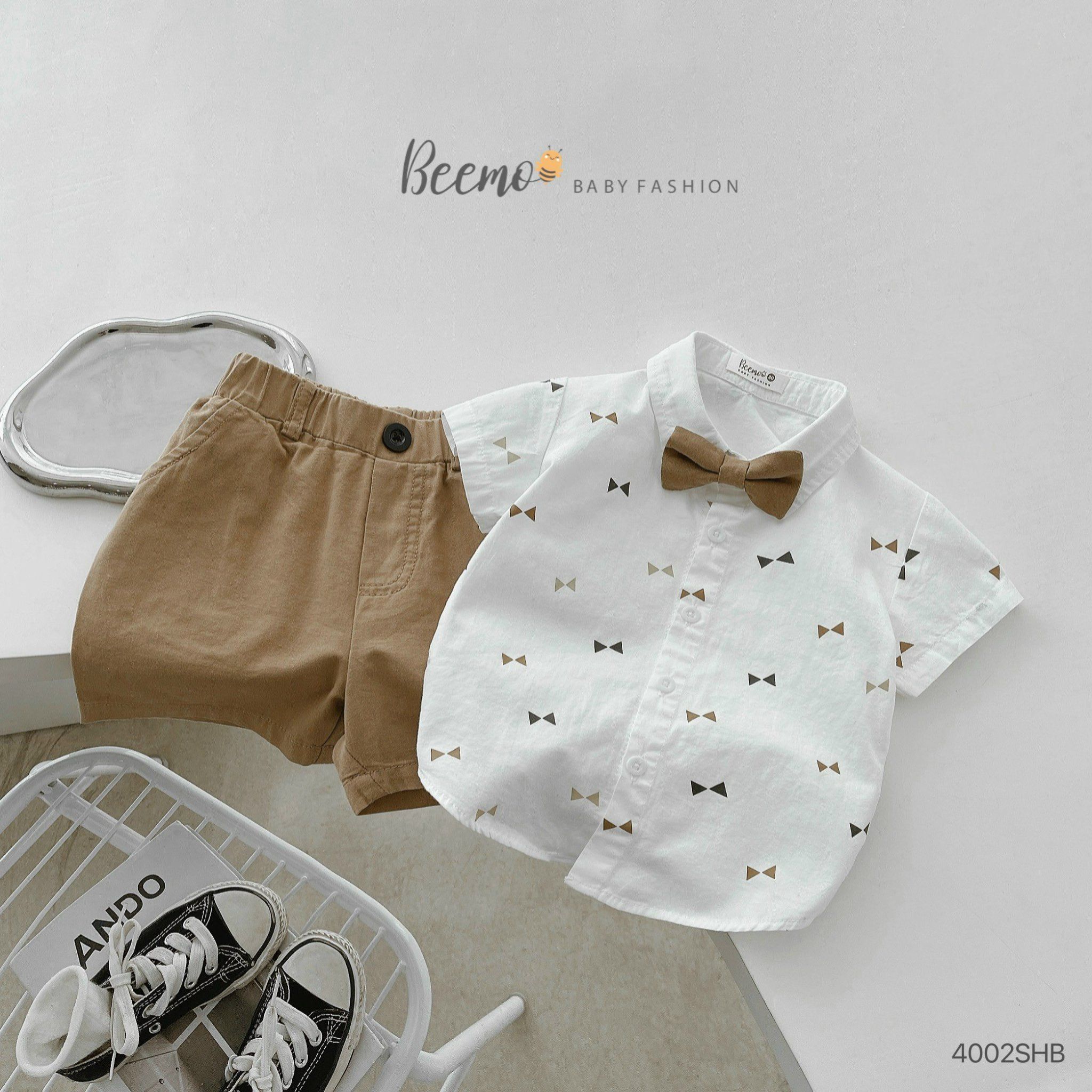 Set áo sơ mi kèm nơ phối quần kaki short cho bé trai