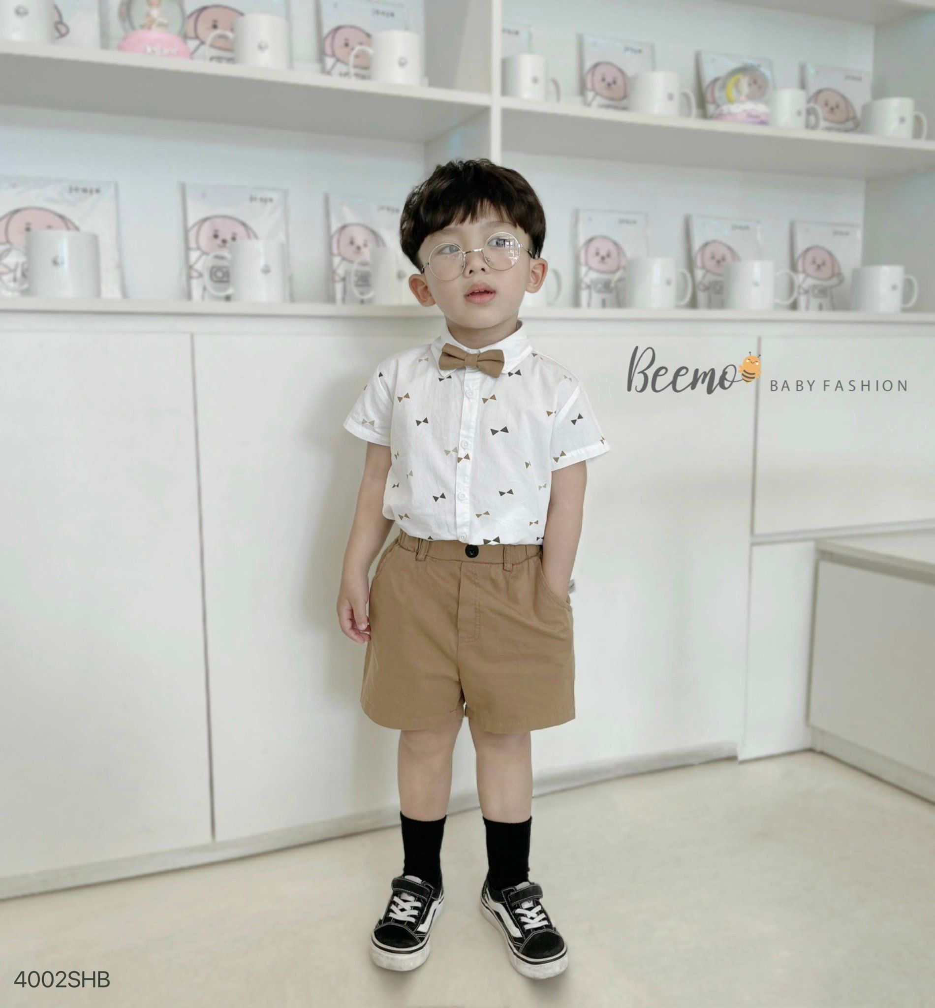 Set áo sơ mi kèm nơ phối quần kaki short cho bé trai