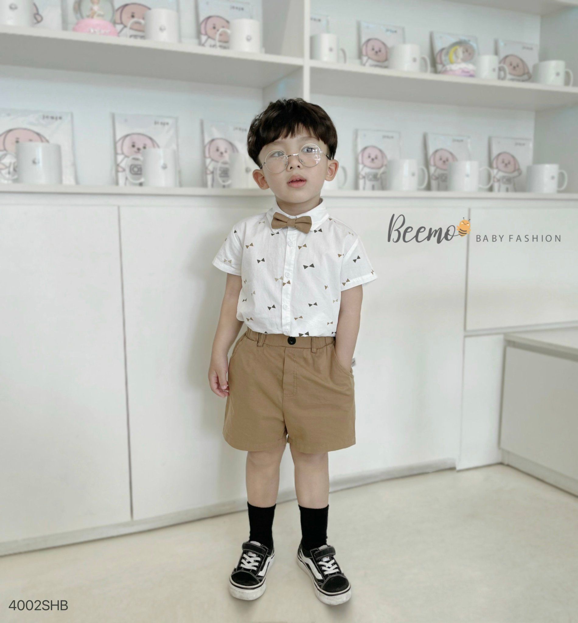  Set áo sơ mi kèm nơ phối quần kaki short cho bé trai 