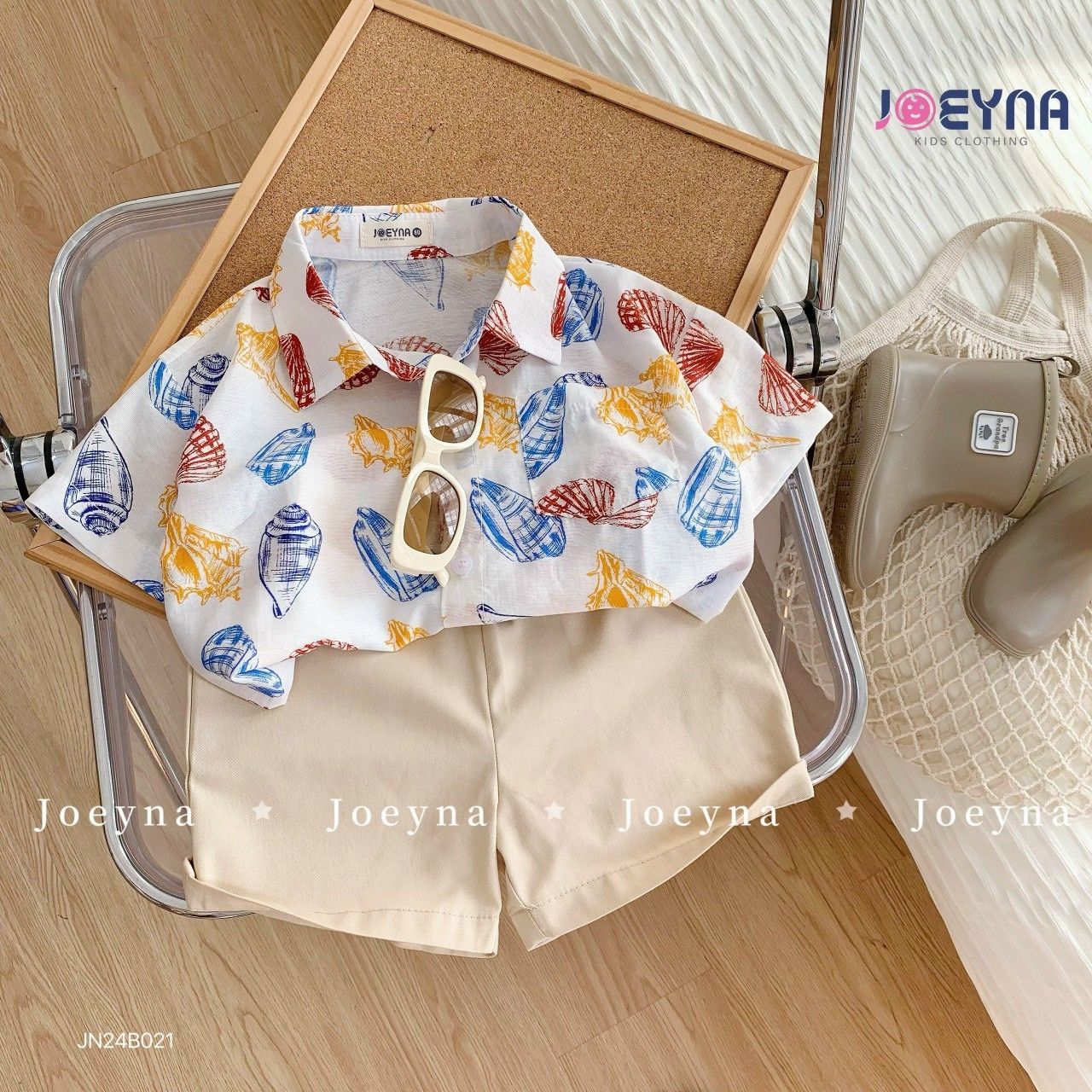 Set áo sơ mi họa tiết đi biển phối quần kaki short mềm mại cho bé trai và bé gái