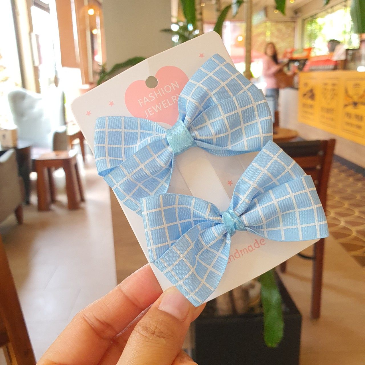 Set 2 kẹp tóc, 2 cột tóc nơ ruy băng gân kẻ ô vuông