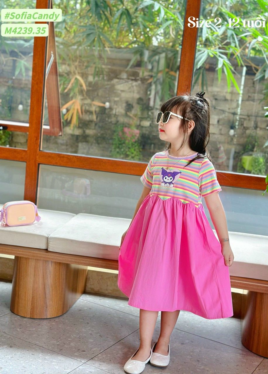  Đầm Kuromi cho bé kẻ sọc ngang tùng váy màu hồng xinh xắn 