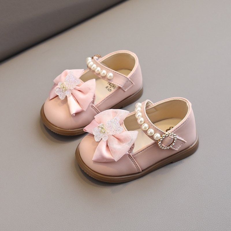 Giày búp bê tập đi da mềm nơ đính charm gấu xinh xắn cho bé gái từ 0-1 tuổi