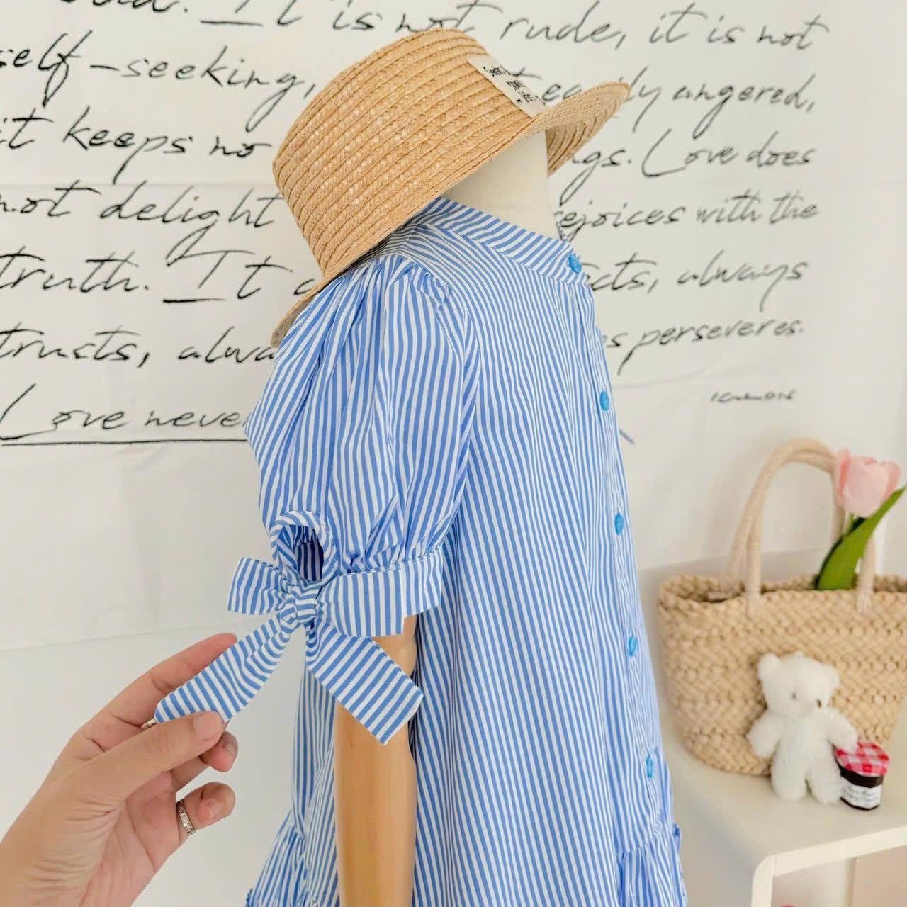 Đầm sơ mi tiểu thư cho bé gái tay nơ xinh xắn