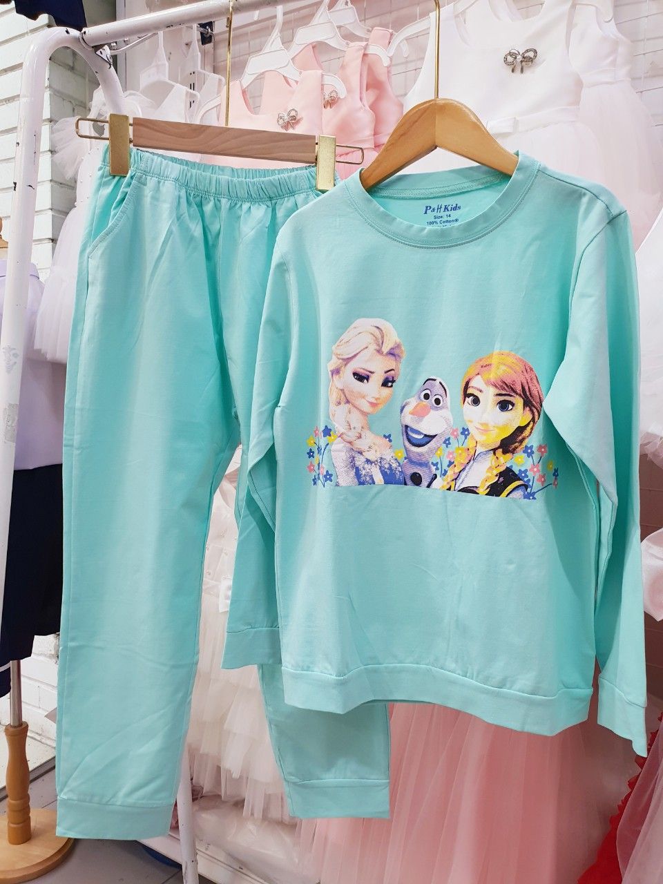 Bộ thun dài tay mặc ngủ cho bé gái từ 32kg đến 55kg họa tiết Elsa xinh xắn