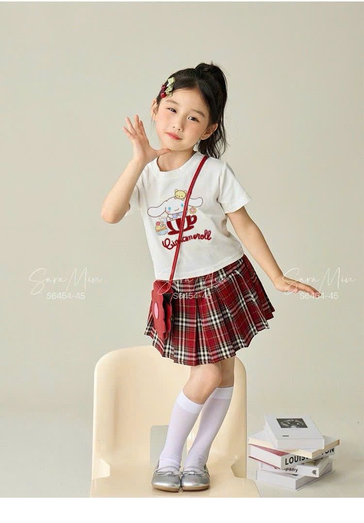Set áo thun Cinnamoroll phối chân váy caro đỏ xinh xắn thời trang