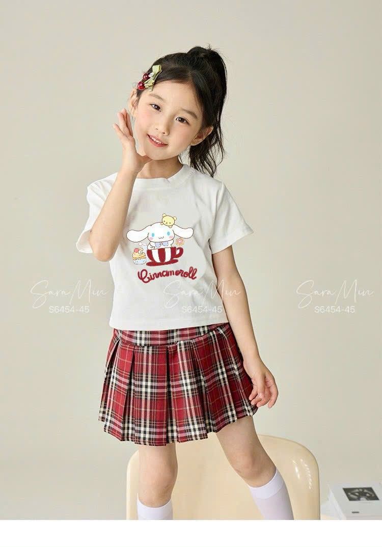 Set áo thun Cinnamoroll phối chân váy caro đỏ xinh xắn thời trang