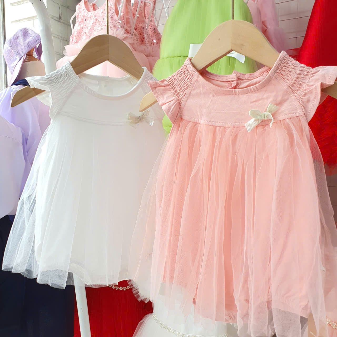 Bộ bodysuit sơ sinh dáng váy thun cotton phối lưới mềm mịn
