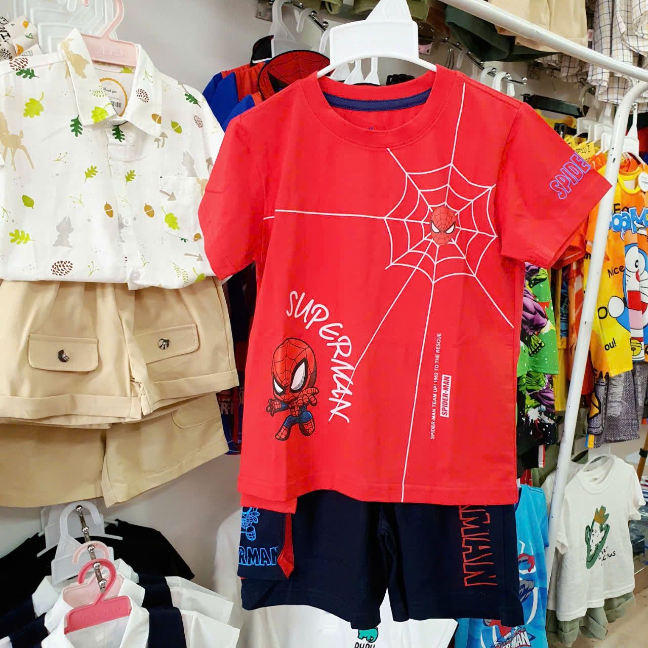 Đồ bộ bé trai chất cotton 4 chiều mềm mát hoạ tiết nhện in chữ Superman