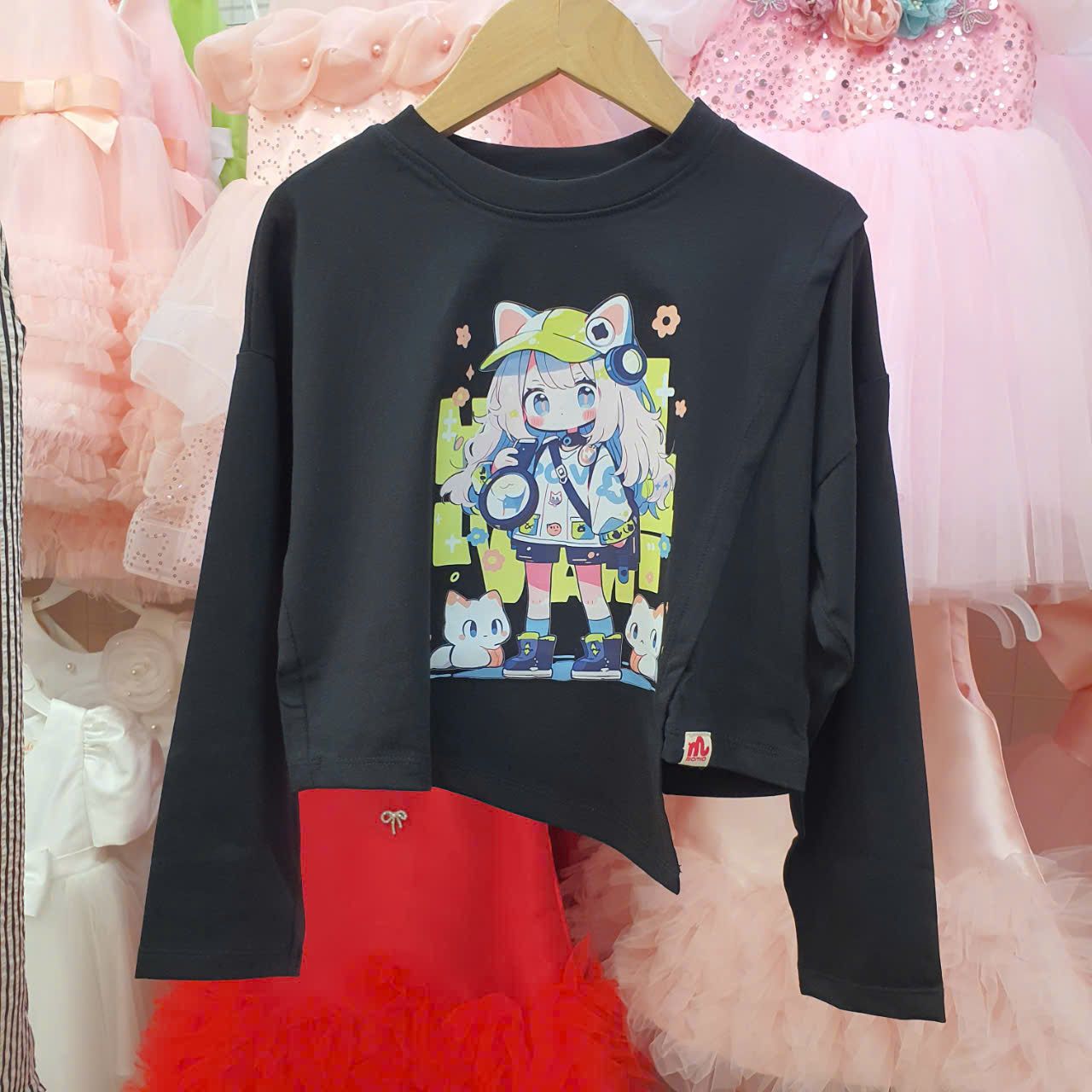 Set áo thun tay dài phối quần kẻ ống rộng hot trend dành cho các bé gái S05_Beekids
