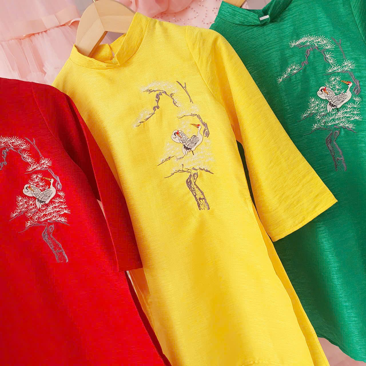 Áo dài Tết cho bé trai thêu cây tùng và hạc đỏ siêu đẹp AD03 _ Beekids