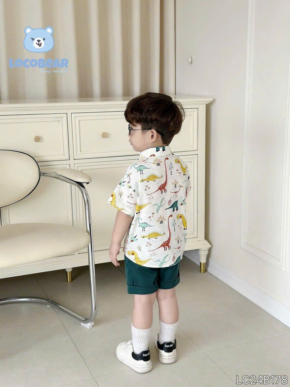Set bé trai áo sơ mi in họa tiết khủng long phối túi cá tính S12 _ Beekids