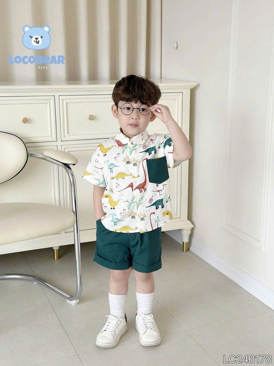 Set bé trai áo sơ mi in họa tiết khủng long phối túi cá tính S12 _ Beekids