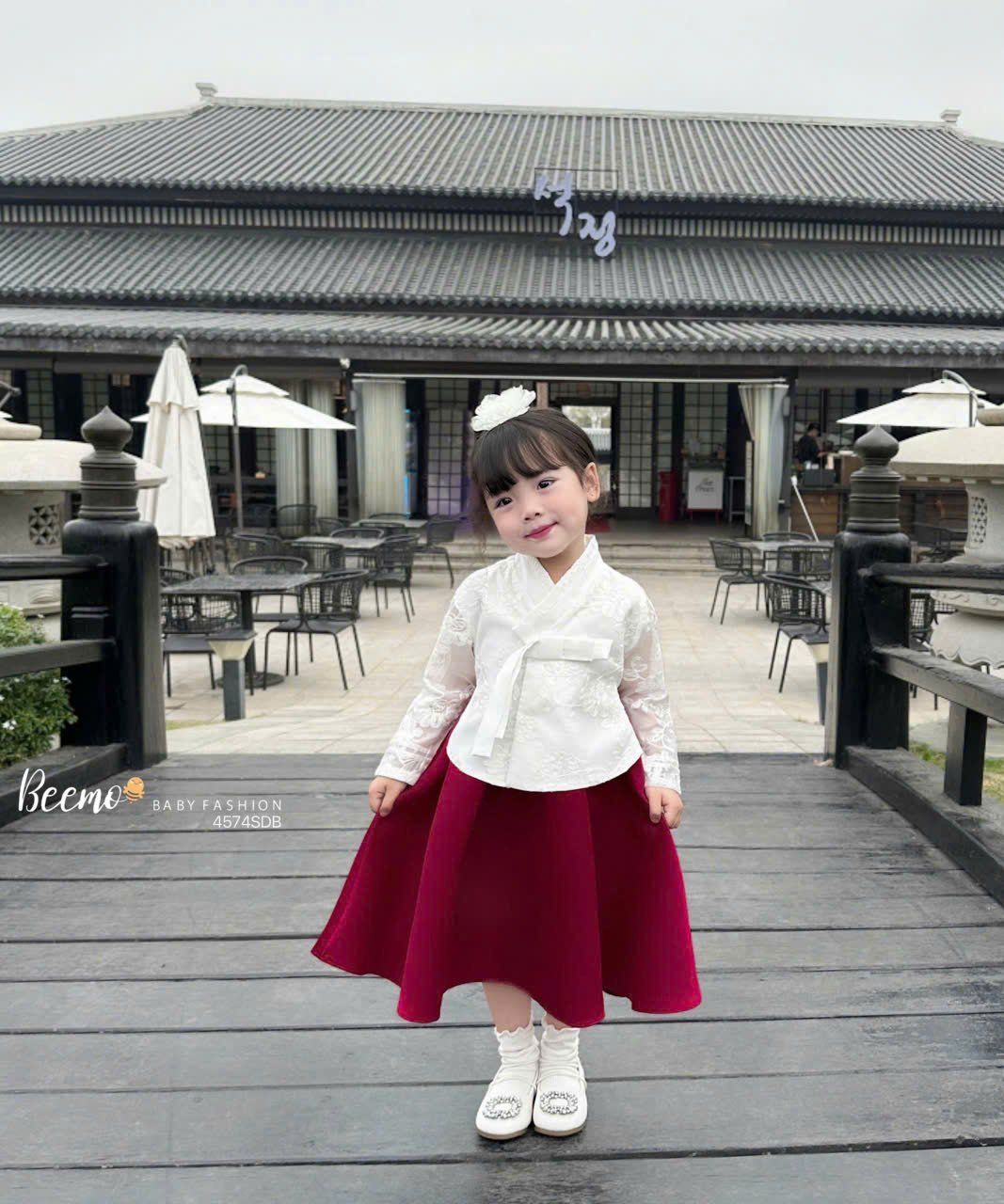 Bộ Hanbok bé gái phối ren hoa nổi kèm phụ kiện cài tóc cực xinh S17 _ Beekids