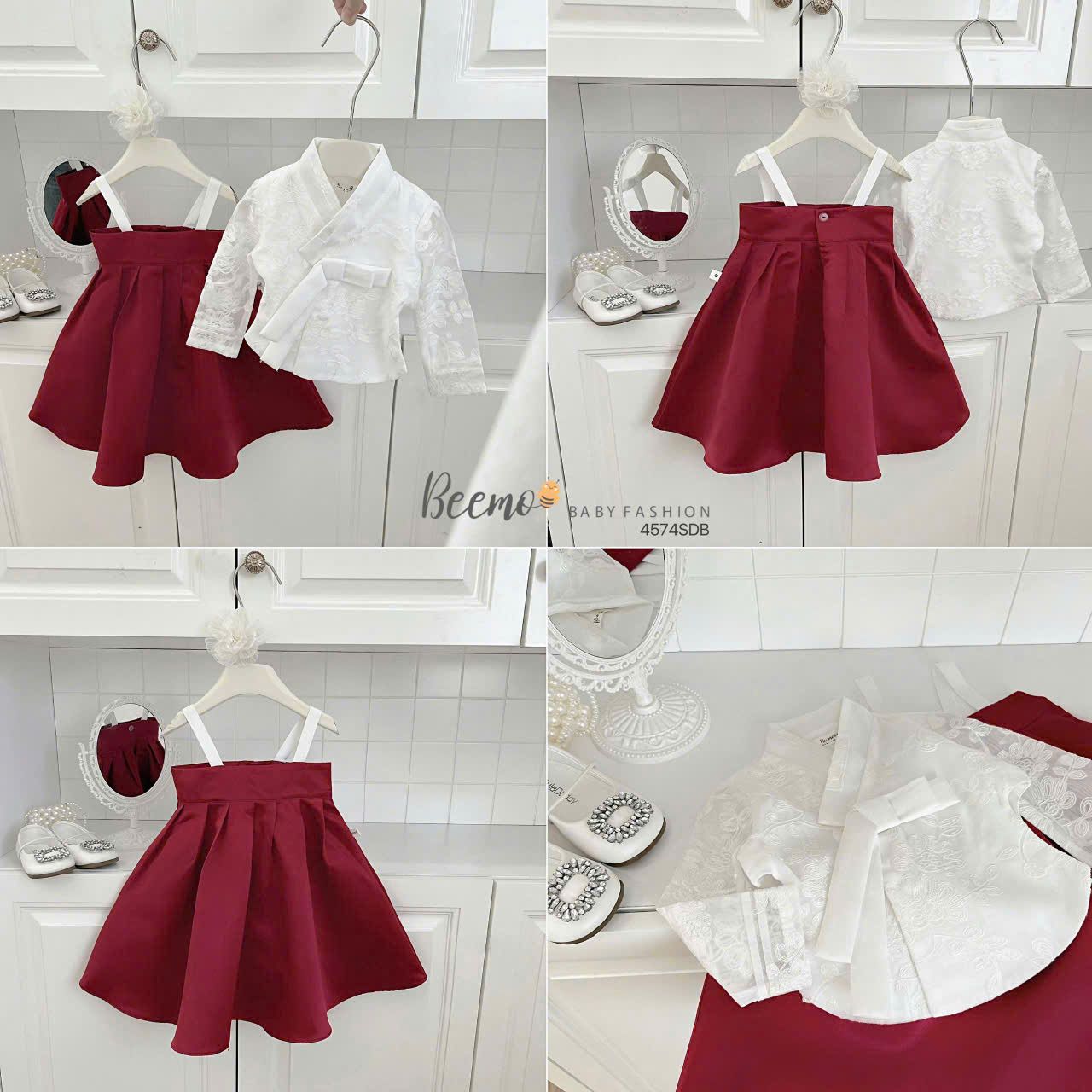 Bộ Hanbok bé gái phối ren hoa nổi kèm phụ kiện cài tóc cực xinh S17 _ Beekids