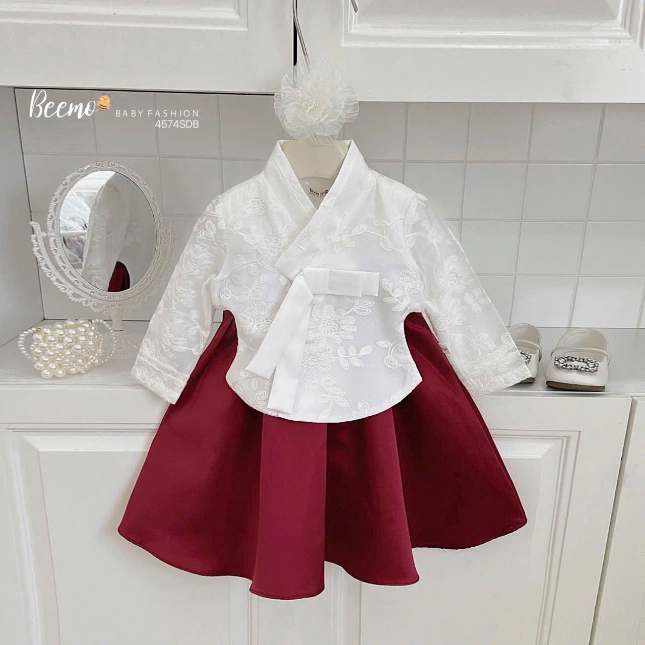 Bộ Hanbok bé gái phối ren hoa nổi kèm phụ kiện cài tóc cực xinh S17 _ Beekids