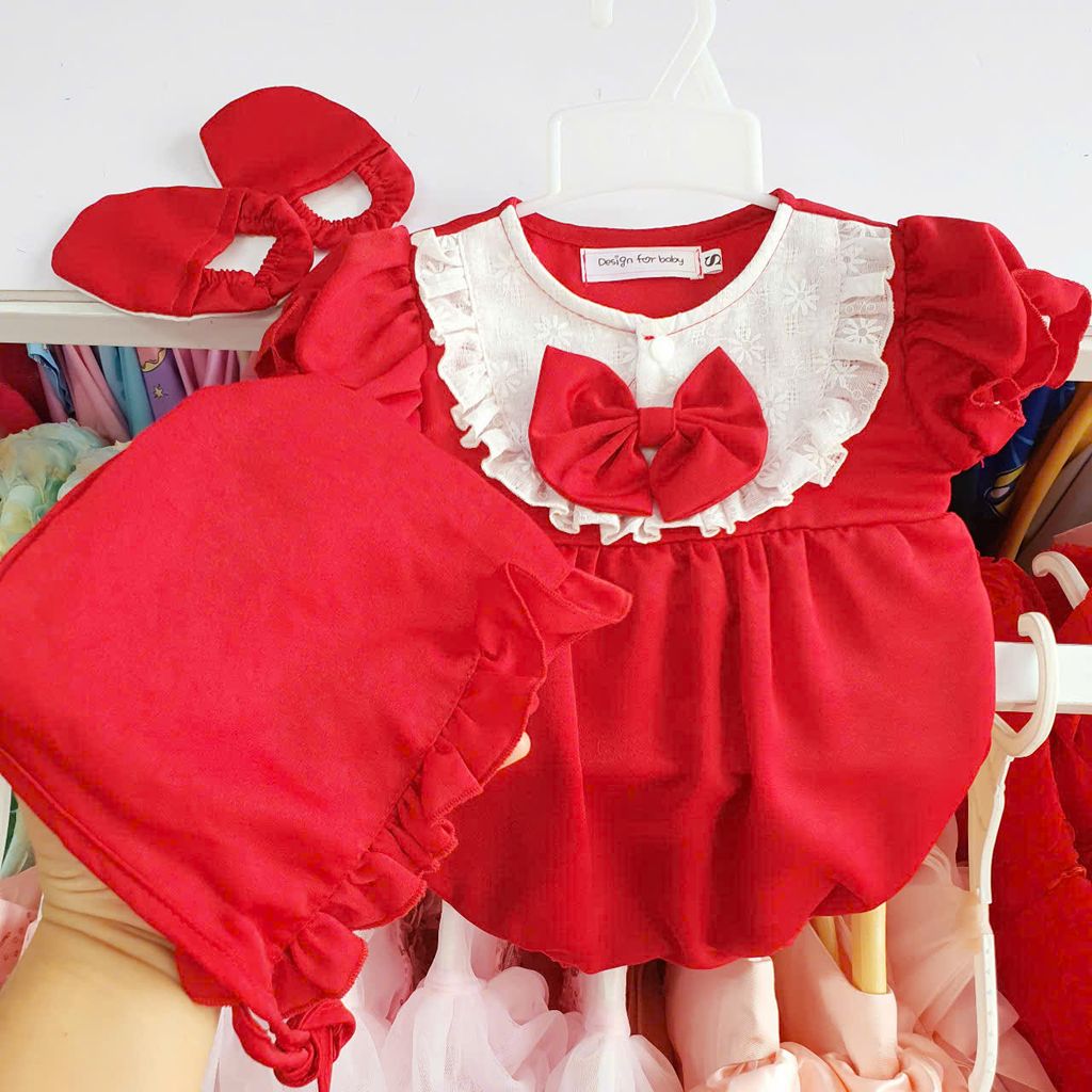 Set bodysuit cho bé gái tone màu trắng đỏ đô kèm nón và vớ vô cùng dễ thương S21 _ Beekids