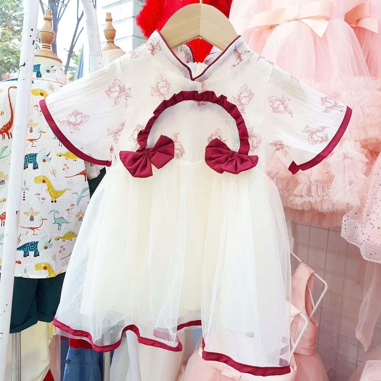 Đầm xinh cho bé cổ tàu cho bé mặc Noel và Lễ tết đính nơ xinh xắn D13 _ Beekids